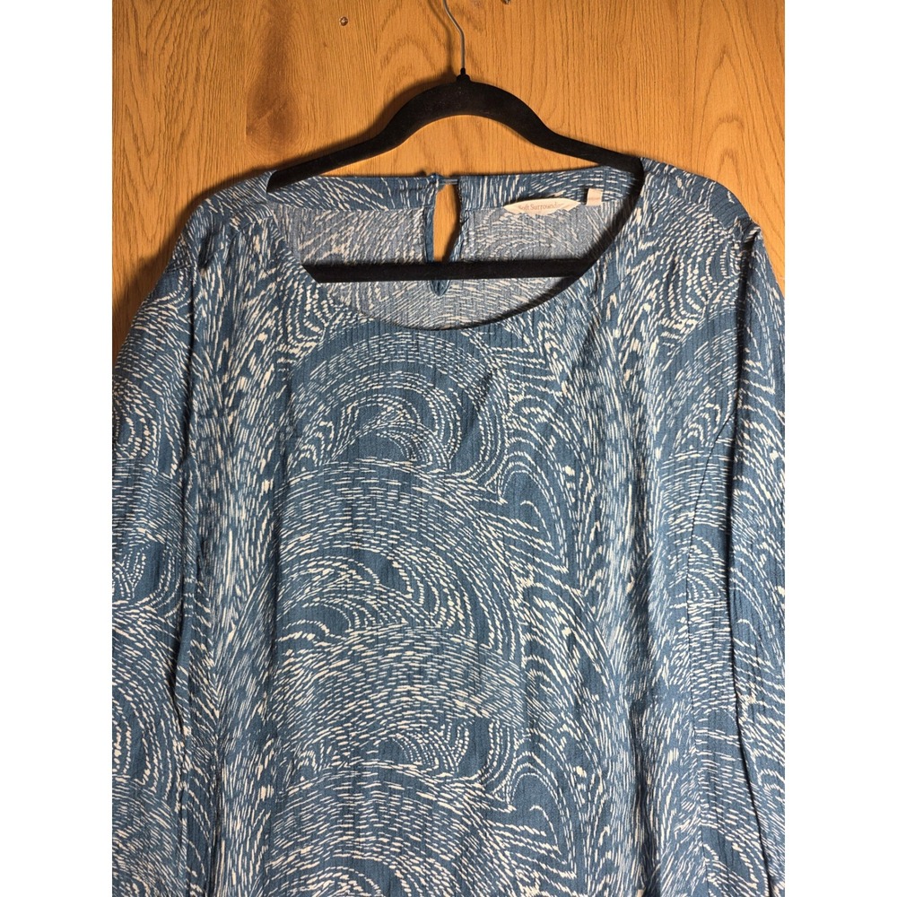 Soft Surroundings Womens 2X Tunic Top Blue White Wave Print 3/4 Sleeve Button